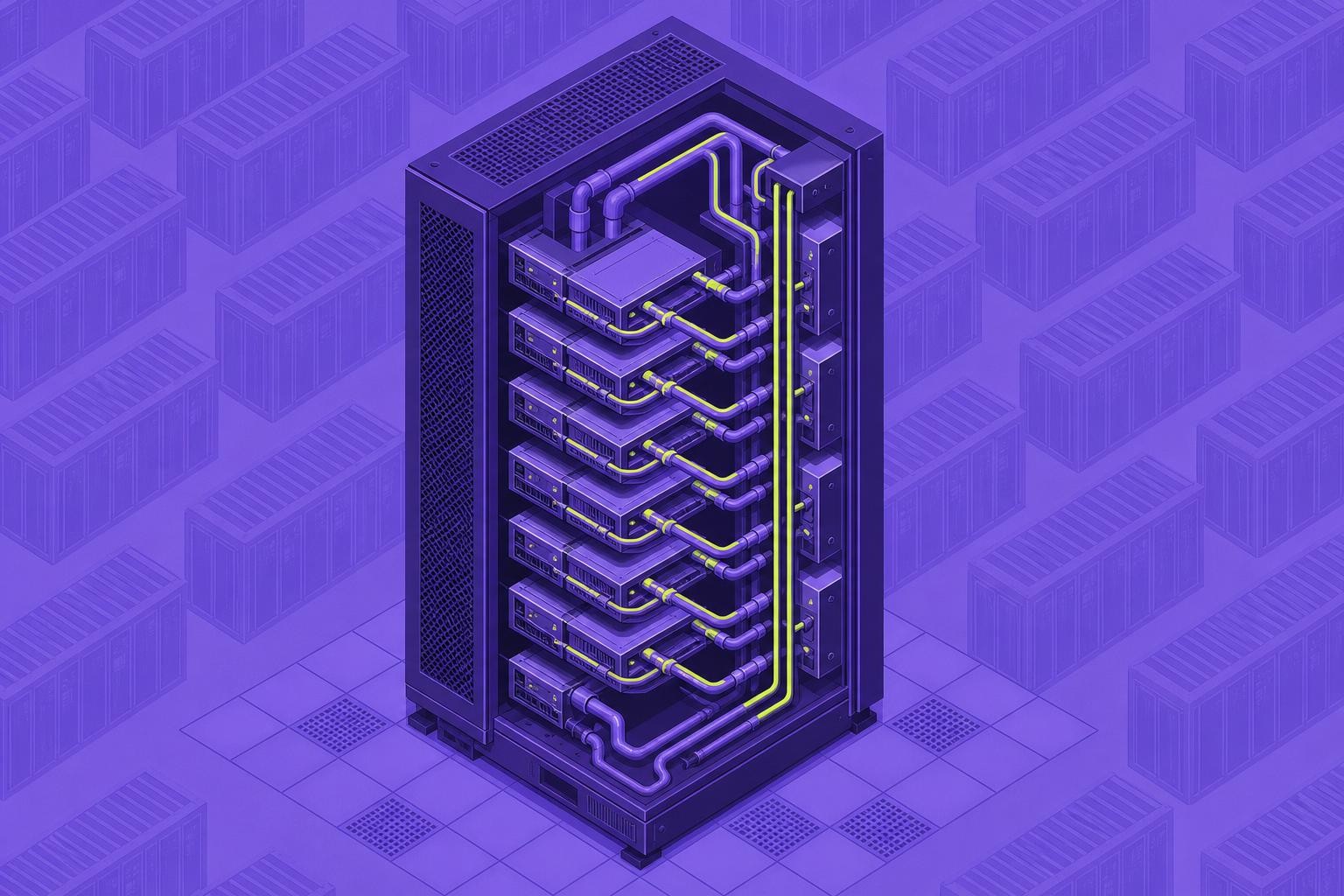 Isometric cutaway diagram of a high-density AI server rack with liquid cooling pipes running through fanless compute trays, a busbar visible along the side, and data centre floor visible below - clean technical illustration, no people