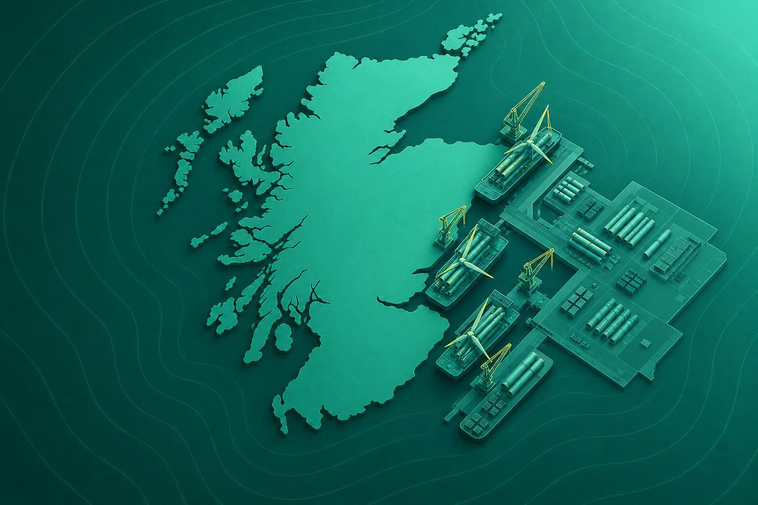 Aerial view of a busy Scottish port with offshore wind installation vessels docked alongside quays, cranes and turbine components visible on the quayside, overcast northern sky