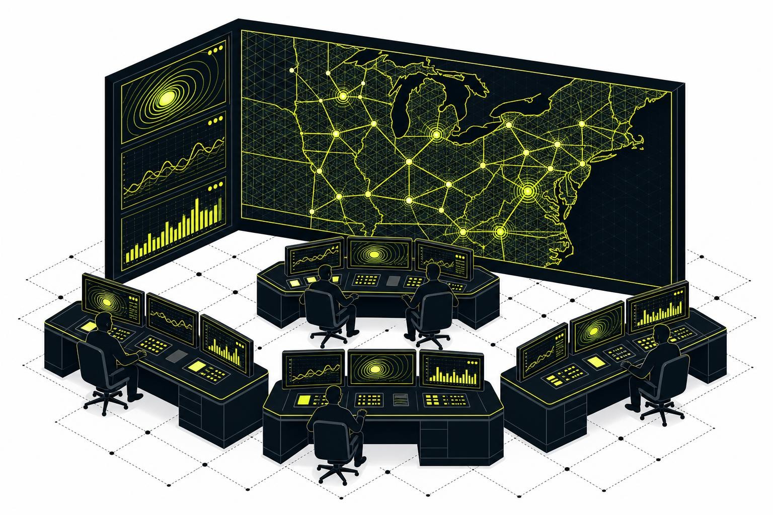 Isometric diagram of a large-scale power grid control room with operators at workstations, multiple screens showing capacity auction data and reserve margin charts, a wall-sized map of the mid-Atlantic and Midwest US grid, fluorescent overhead lighting, clean and technical atmosphere