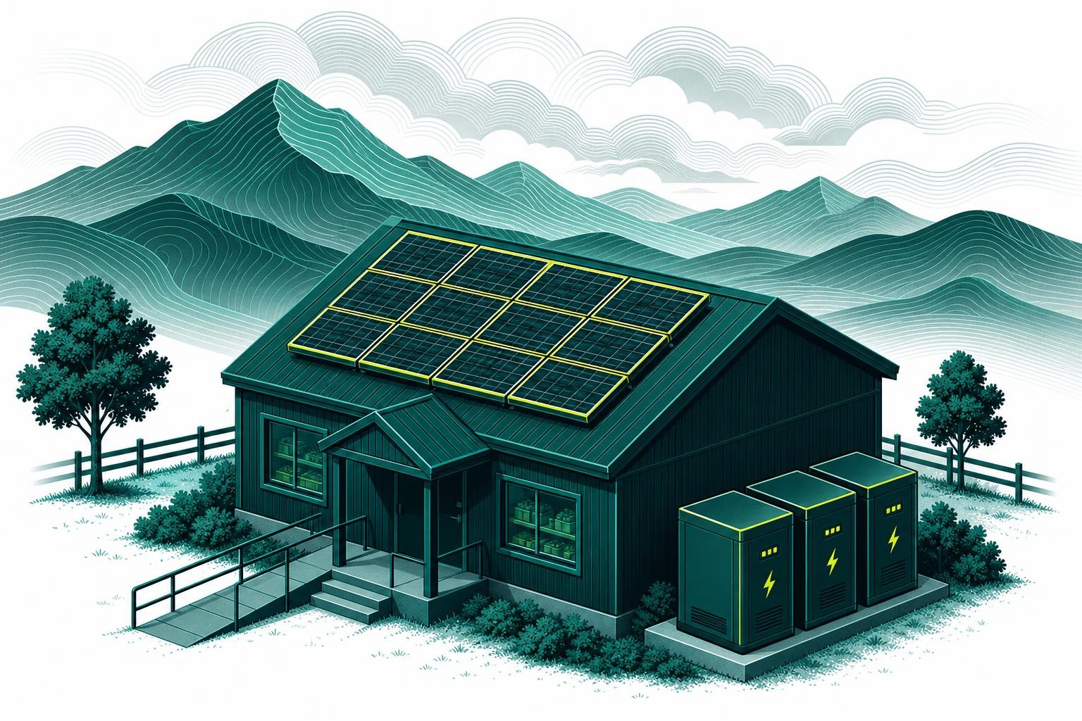 Isometric illustration of a rural food pantry building with rooftop solar panels and battery storage units visible alongside the structure, set against a mountain backdrop with overcast skies suggesting storm conditions