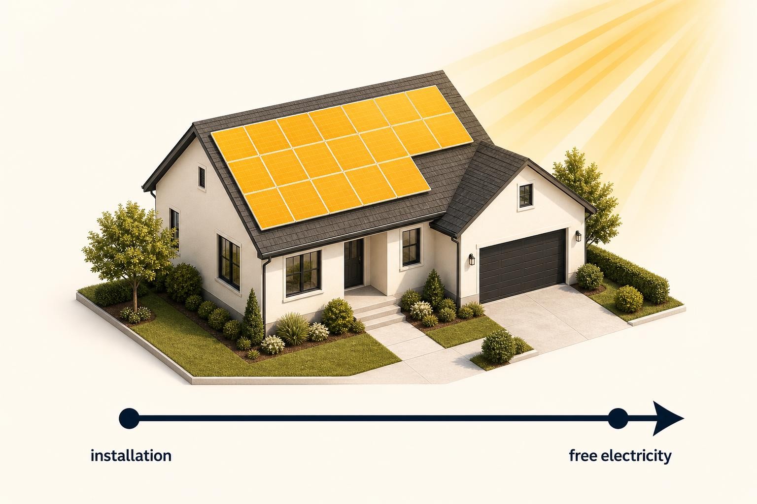 Illustrazione isometrica di una casa unifamiliare con pannelli solari su un tetto orientato a sud, raggi di sole che scendono, una semplice freccia-timeline sotto la casa con 'Installazione' a sinistra e 'energia gratuita' a destra, stile chiaro e accogliente
