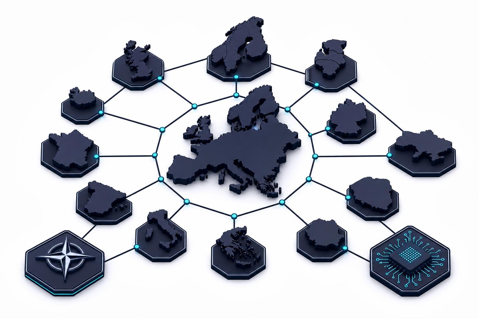 Isometric diagram showing a hierarchical network of interconnected nodes representing CVE Numbering Authorities across Europe and NATO, with a central EU hub connected to national CSIRT nodes, a NATO node, and an AI security node, on a clean light background