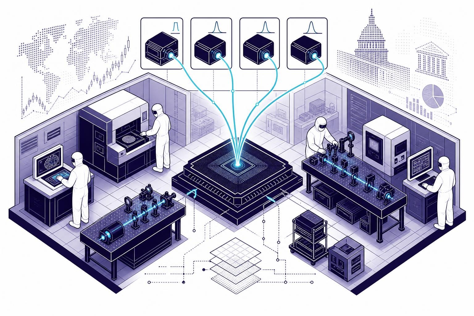 Isometric cutaway illustration of a photonics chip fabrication cleanroom: technicians in white suits at lithography stations, laser modules on optical benches, and a schematic overlay showing four laser wavelengths converging on a neutral-atom chip substrate