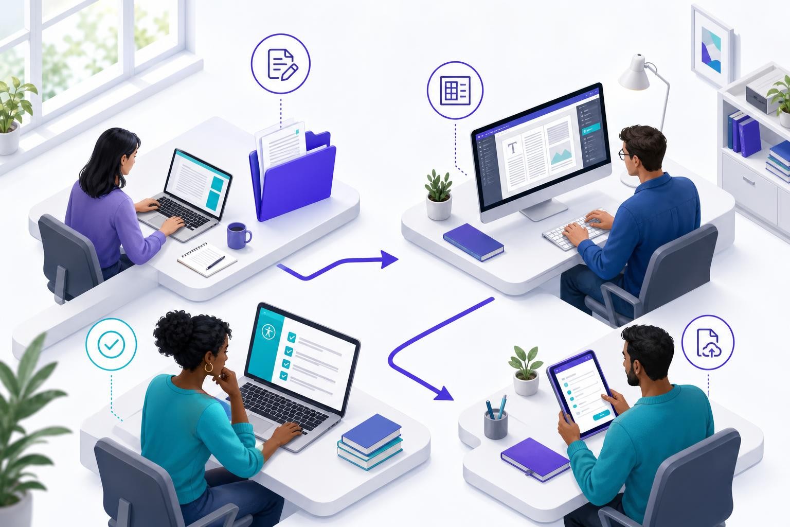 A publishing production workflow diagram showing a manuscript moving through editorial, typesetting, EPUB export, accessibility validation with a laptop screen showing a checklist, and metadata submission to a distributor - clean isometric illustration, warm studio lighting