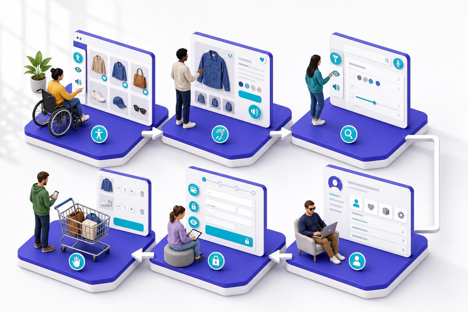 Isometric diagram of an e-commerce customer journey showing six connected stages: catalogue grid, product detail page, search and filter panel, shopping cart, checkout form, and account dashboard - each stage represented as a distinct platform tile with subtle accessibility icons