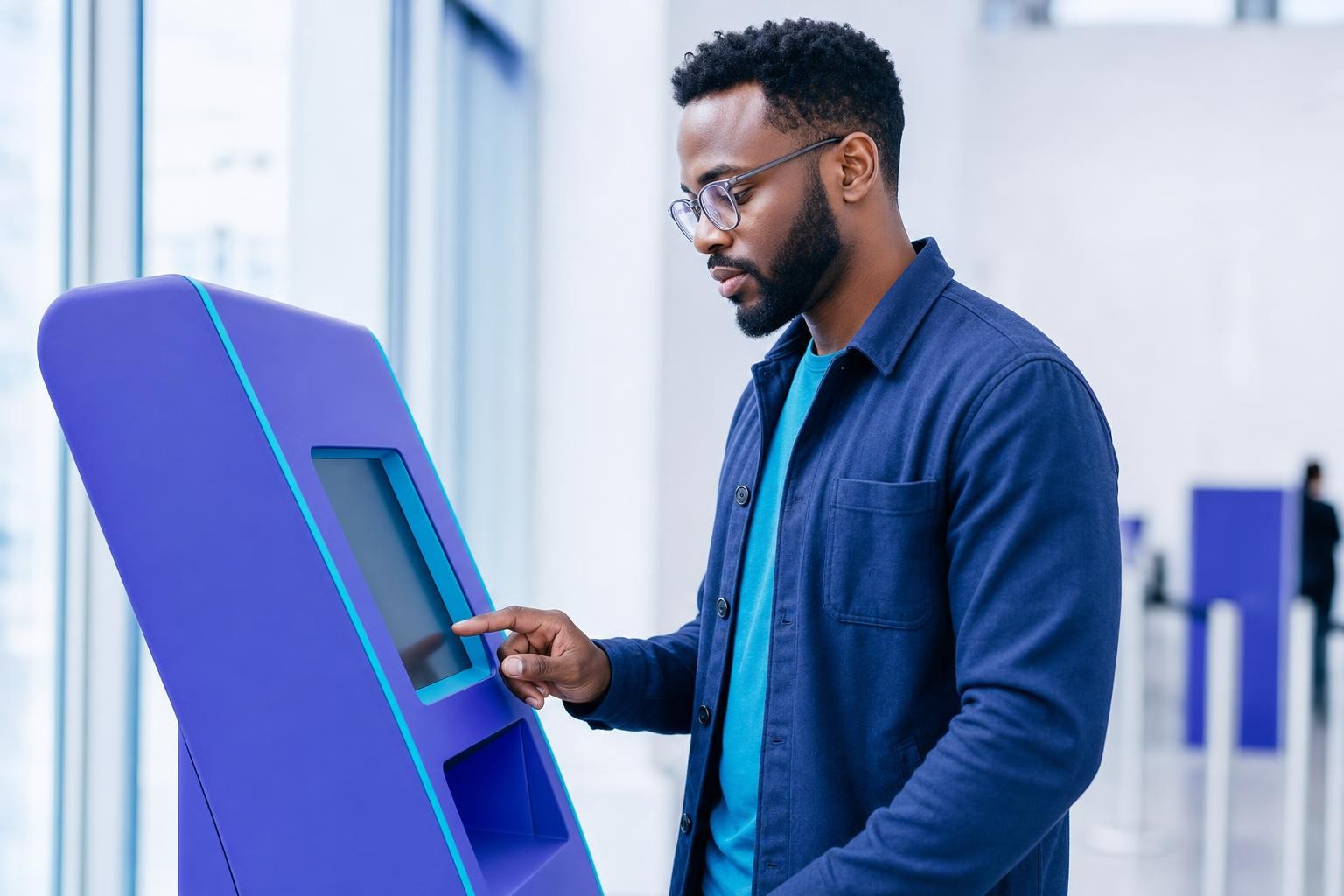 A self-service payment or ticketing terminal in a public setting, photographed with warm natural light. A person is using it with dignity and focus. Suggest the idea of documentation and provenance through the composition rather than any visible text. No CE symbols, no logos, no readable text or UI.