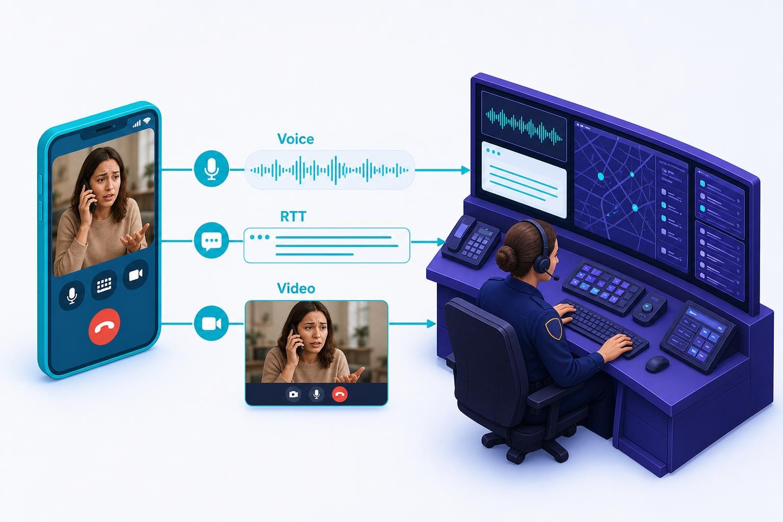 Isometric diagram showing three simultaneous communication streams - voice waveform, real-time text ticker, and video call window - flowing from a smartphone into a PSAP dispatch console, with connecting lines labelled Voice, RTT, and Video