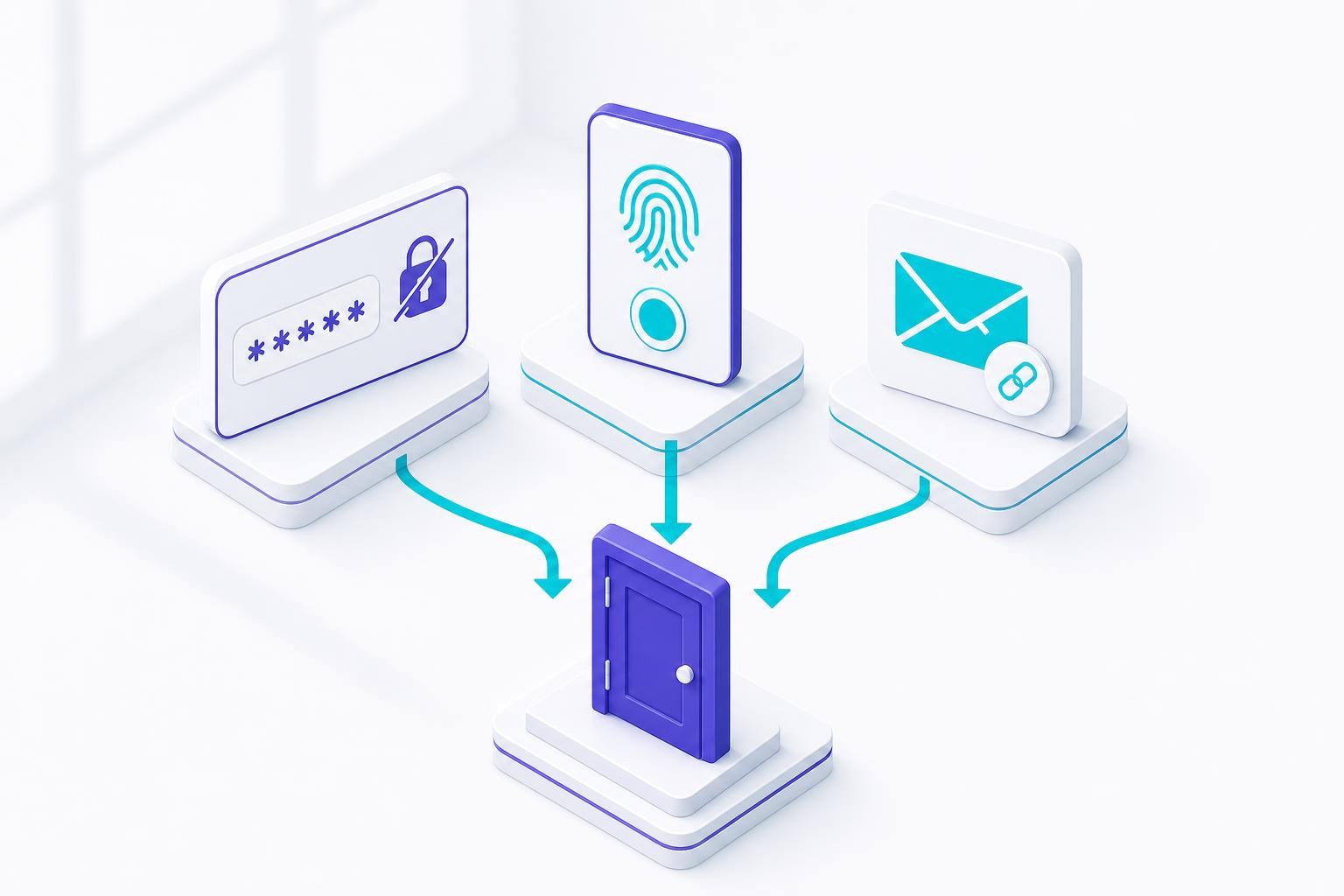 Isometric diagram showing three login paths side by side: a password field with a lock icon crossed out, a passkey prompt with a fingerprint sensor, and a magic link email icon - connected by arrows to a single 'Access Granted' door, illustrating multiple accessible authentication routes