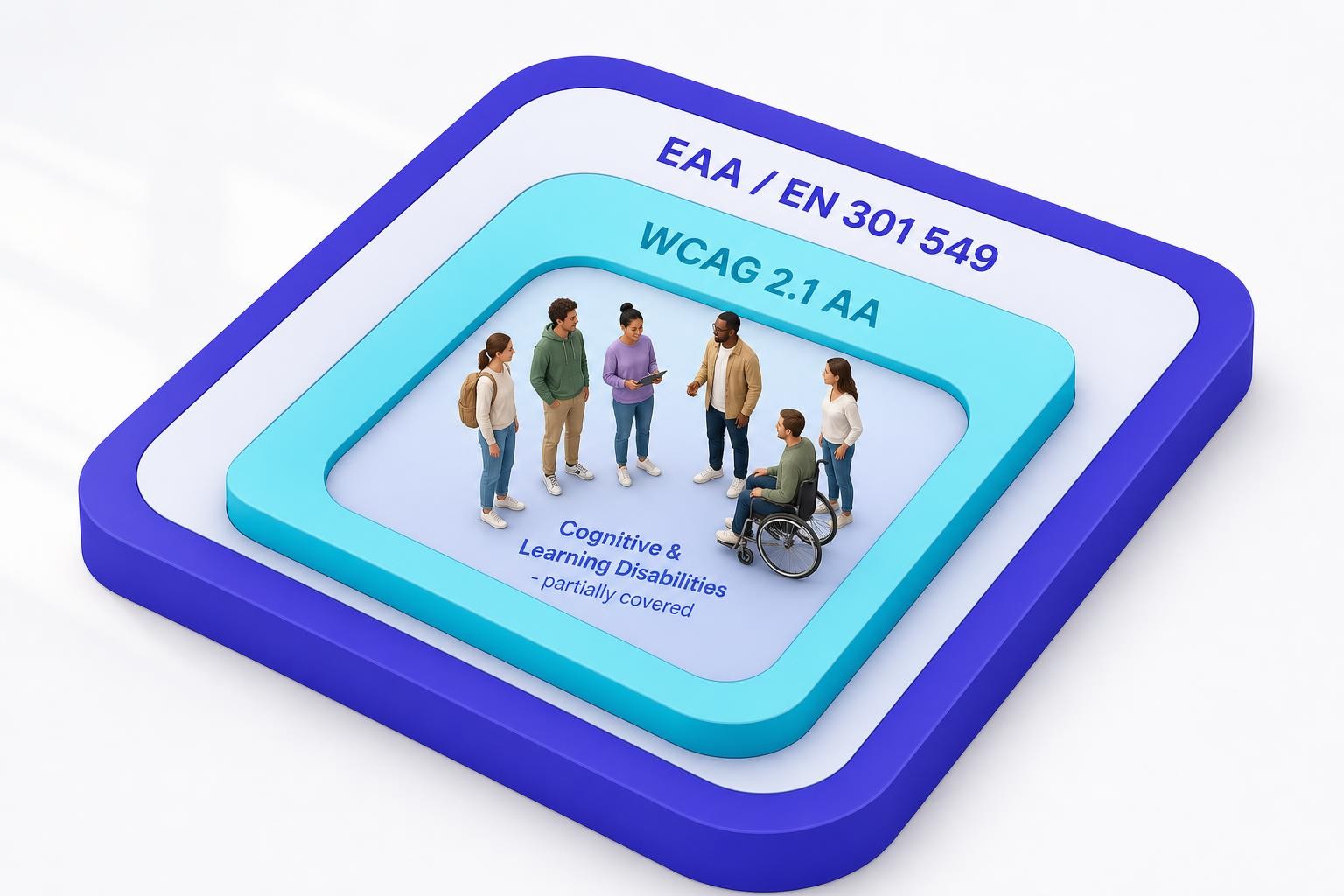 Isometric diagram showing three nested layers: the outermost labelled 'EAA / EN 301 549', the middle labelled 'WCAG 2.1 AA', and the innermost showing a gap region labelled 'Cognitive & Learning Disabilities - partially covered', with small human figures standing in the gap area