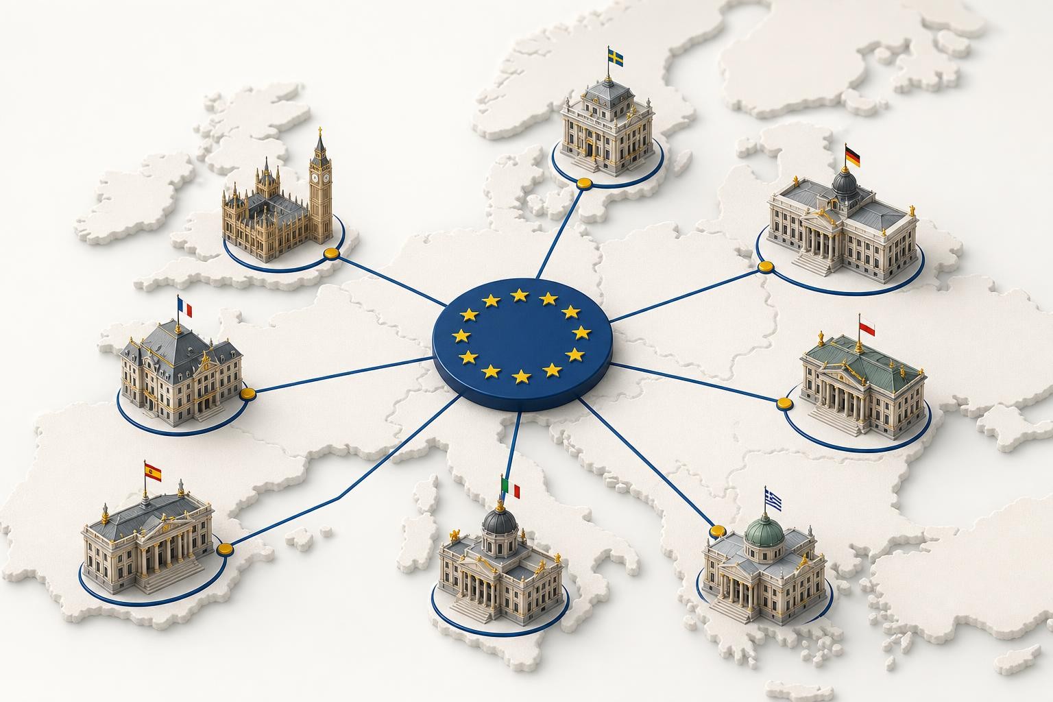 Isometric illustration of a network of national government buildings across a stylised map of Europe, each connected by lines to a central EU emblem, representing distributed national enforcement authorities coordinating across borders