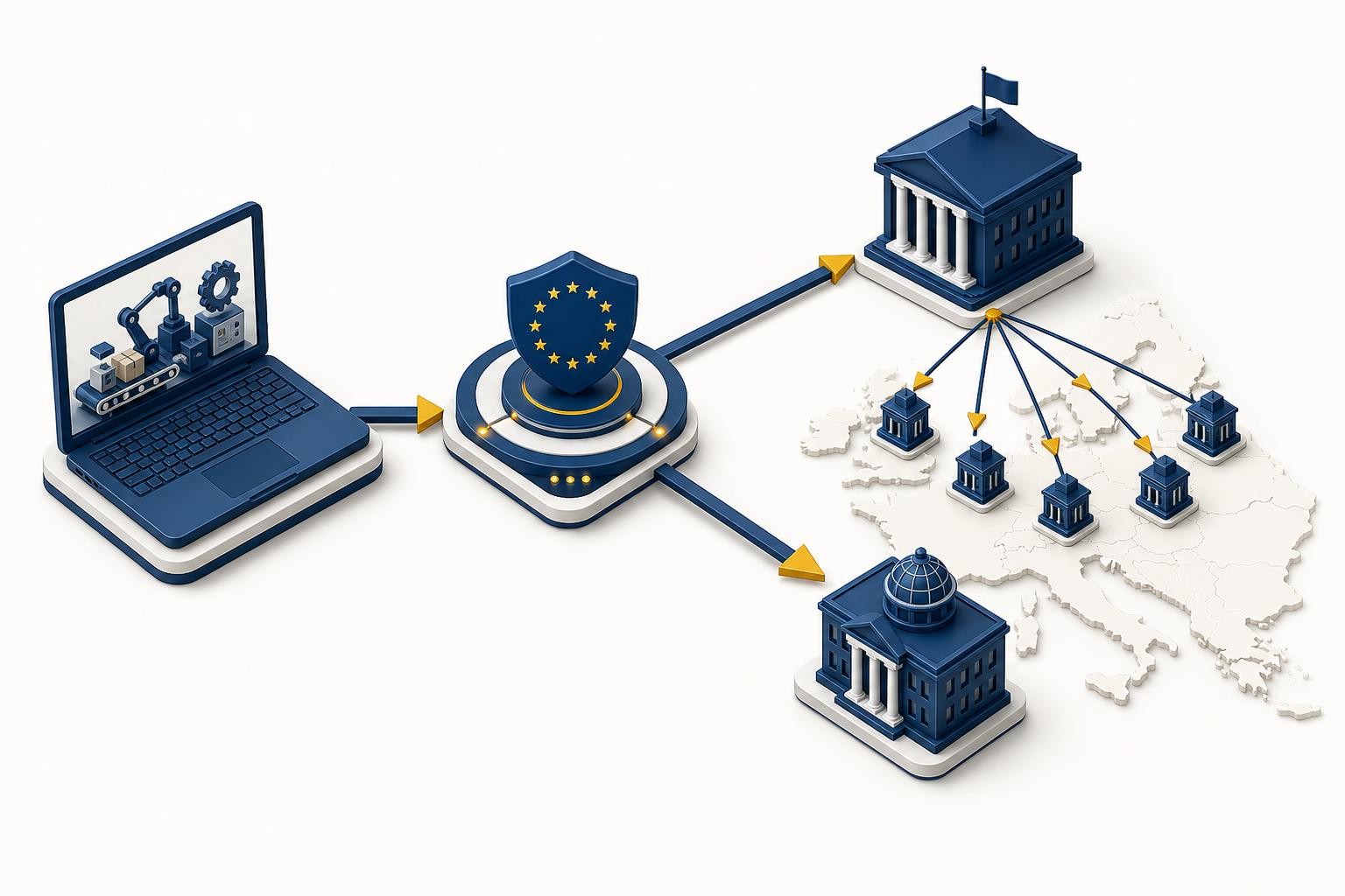 Isometric diagram showing a manufacturer's laptop submitting a single report to a central EU platform hub, which then routes arrows simultaneously to a national CSIRT building and an ENISA building, with secondary arrows from the CSIRT fanning out to multiple Member State CSIRT icons across a simplified EU map