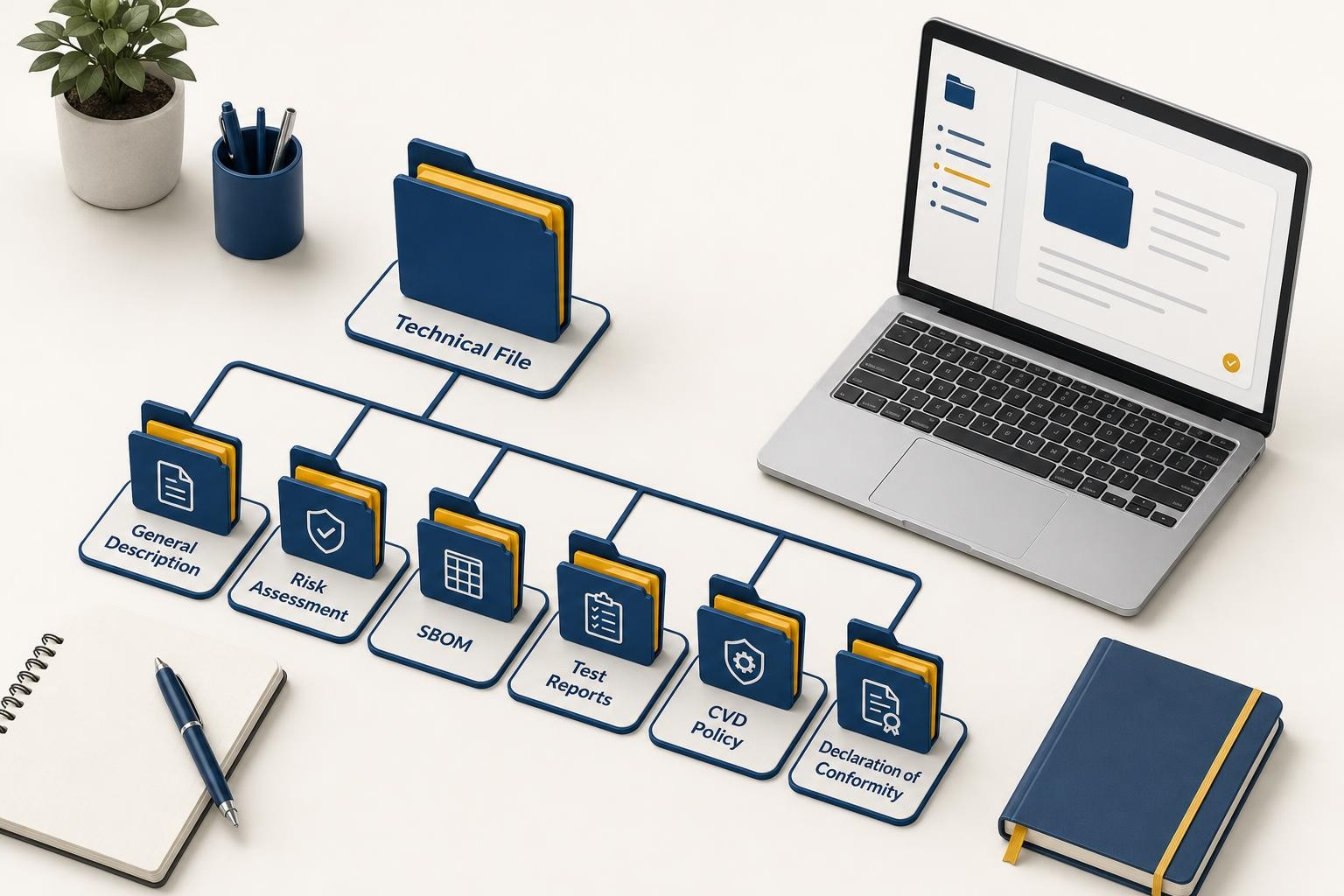 Isometric diagram showing a structured folder hierarchy labelled 'Technical File' with labelled sub-folders for General Description, Risk Assessment, SBOM, Test Reports, CVD Policy, and Declaration of Conformity, arranged on a clean desk with a laptop open beside it