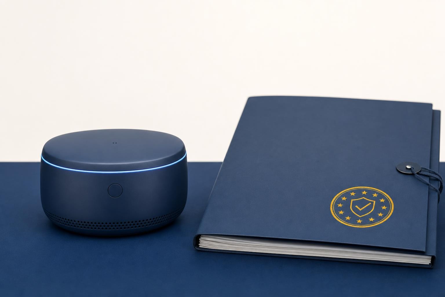 Editorial cover for an article on national market surveillance authorities enforcing the EU Cyber Resilience Act. A connected device under official examination on a neutral surface beside a stamped dossier. Institutional and calm, not threatening, no police or courtroom imagery, no text baked into the image. Brand navy #1C3D6E dominant, small #E0A100 accent on the inspection mark.