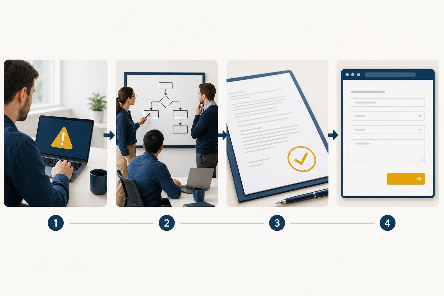 A clean process diagram showing four sequential stages of a CRA incident reporting workflow: Detection (a developer at a laptop with an alert icon), Severity Assessment (a small team at a whiteboard with a decision tree), Internal Sign-off (a document with a checkmark), and Submission via SRP (a browser window with a form and a send button). Flat illustration style, muted blues and greens, clear labels.