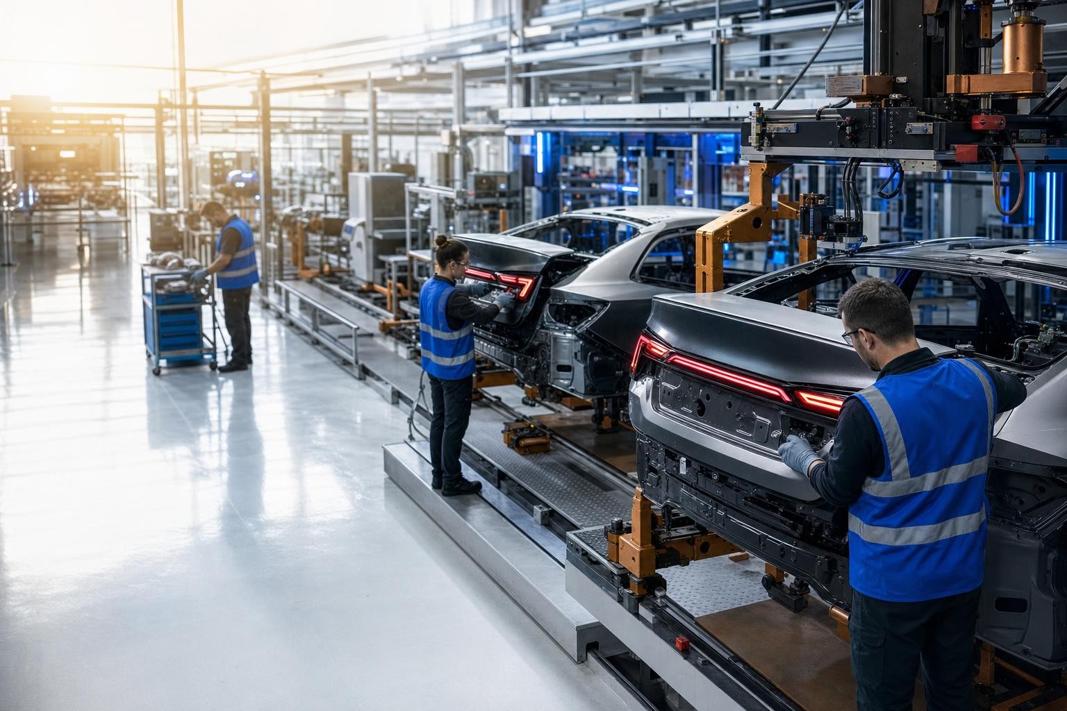 Isometric illustration of a modern automotive exterior assembly line, showing car body panels being fitted with integrated LED rear lighting modules, workers in safety vests at workstations, clean factory floor with blue ambient lighting
