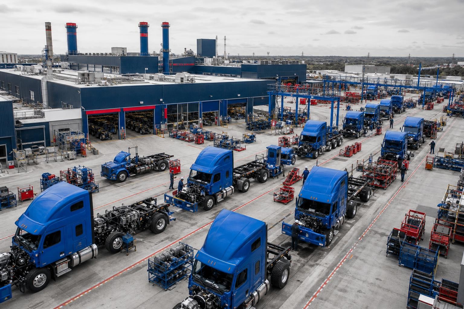 Aerial view of a large truck assembly plant with rows of semi-trucks in various stages of production on an outdoor lot, industrial buildings in the background, overcast daylight