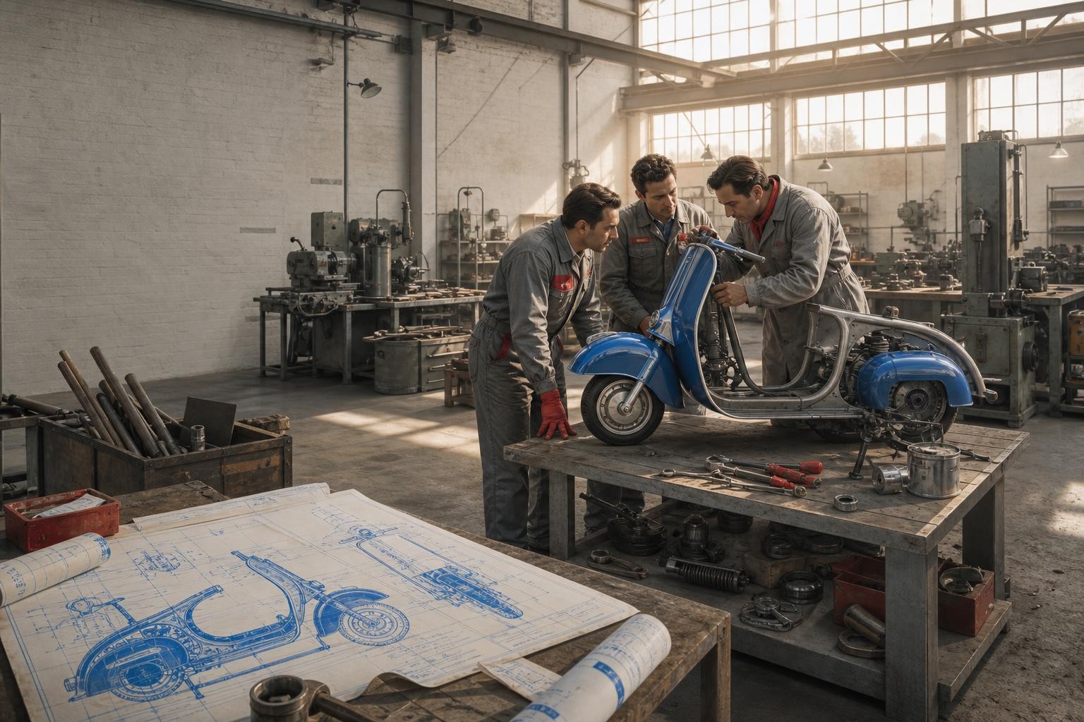 Isometric illustration of a post-war Italian factory workshop in 1946: engineers in work clothes examining a prototype scooter on a workbench, blueprints spread on a table, industrial skylights above, warm morning light