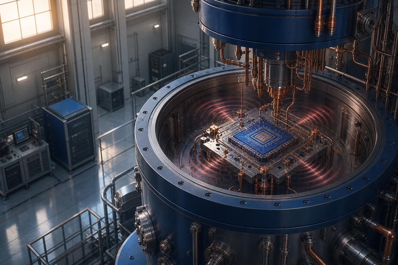 Isometric illustration of an adiabatic quantum computer chip at near-absolute-zero temperature inside a cylindrical cryogenic cooling chamber, with subtle interference waves emanating from the environment disrupting the chip's energy landscape, scientific laboratory setting