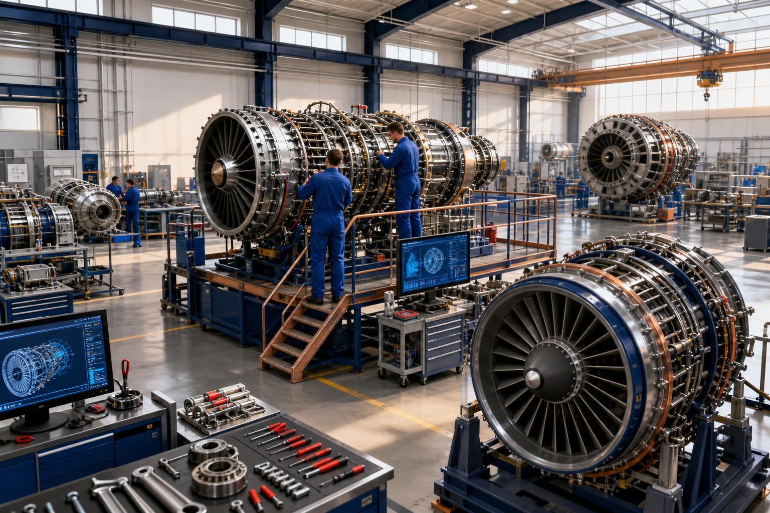 Isometric illustration of a modern aircraft engine manufacturing floor: technicians in blue overalls assembling turbine modules on elevated platforms, precision tools and digital displays visible, clean industrial lighting from above, large engine components in foreground