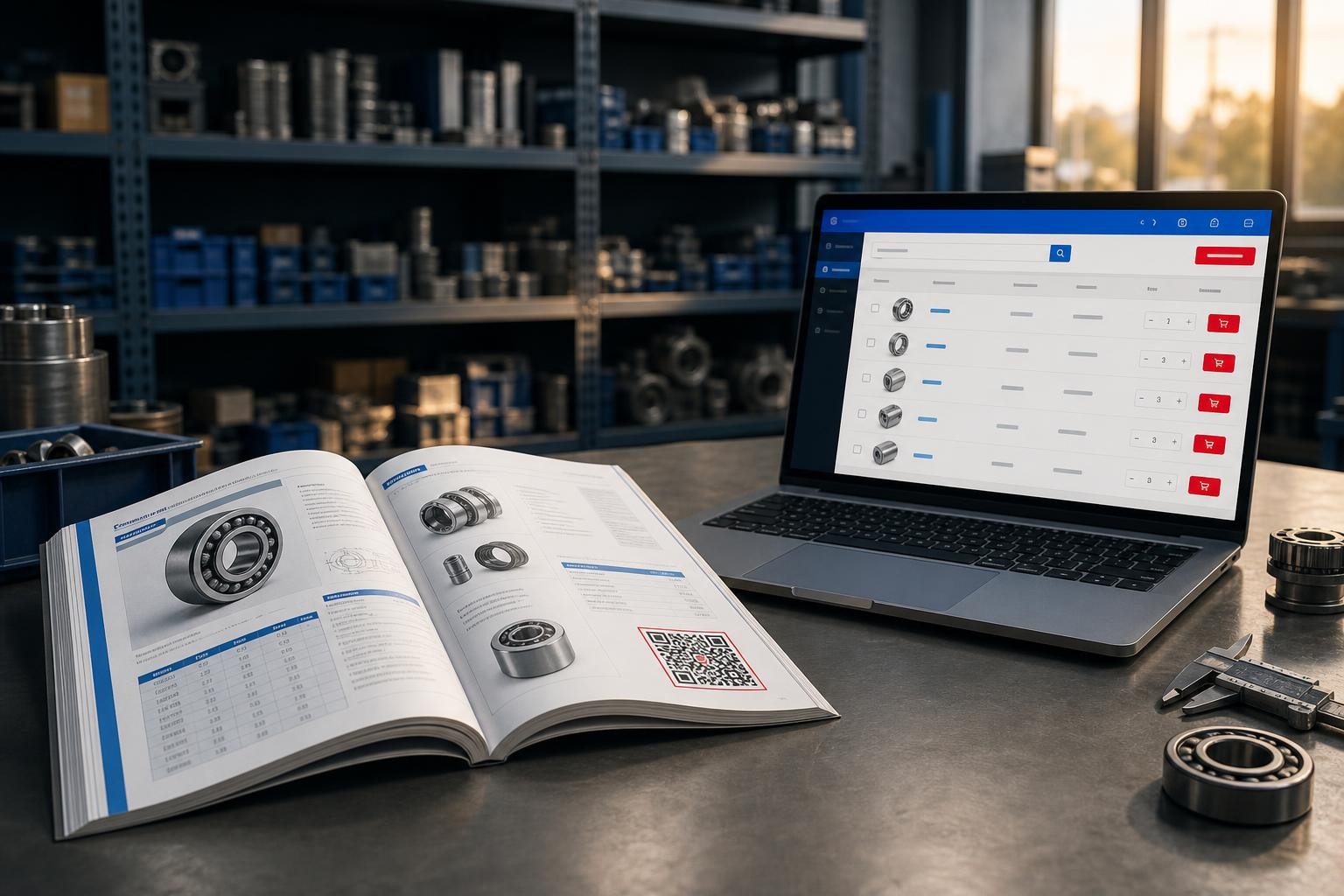 A large open industrial B2B product catalogue lying on a clean workshop desk next to a laptop showing an e-procurement platform, QR code visible on the catalogue page, industrial setting with shelves of components in the background