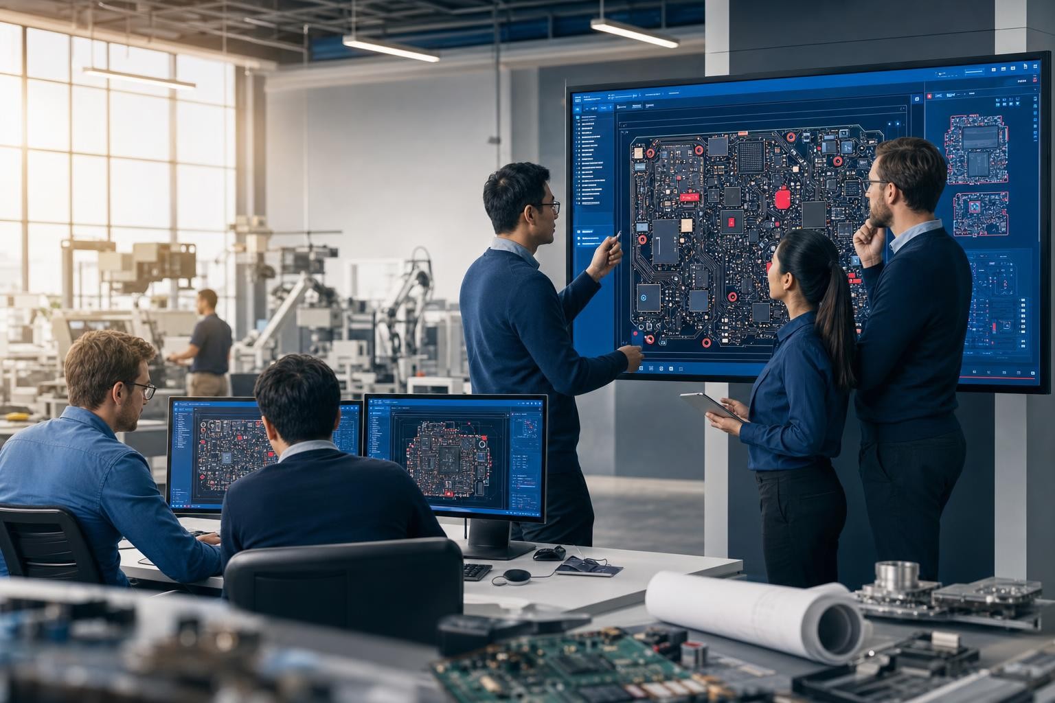 Isometric illustration of two engineering teams from different countries collaborating around a shared digital circuit design platform on large screens, automotive PCB layouts visible, clean modern office environment