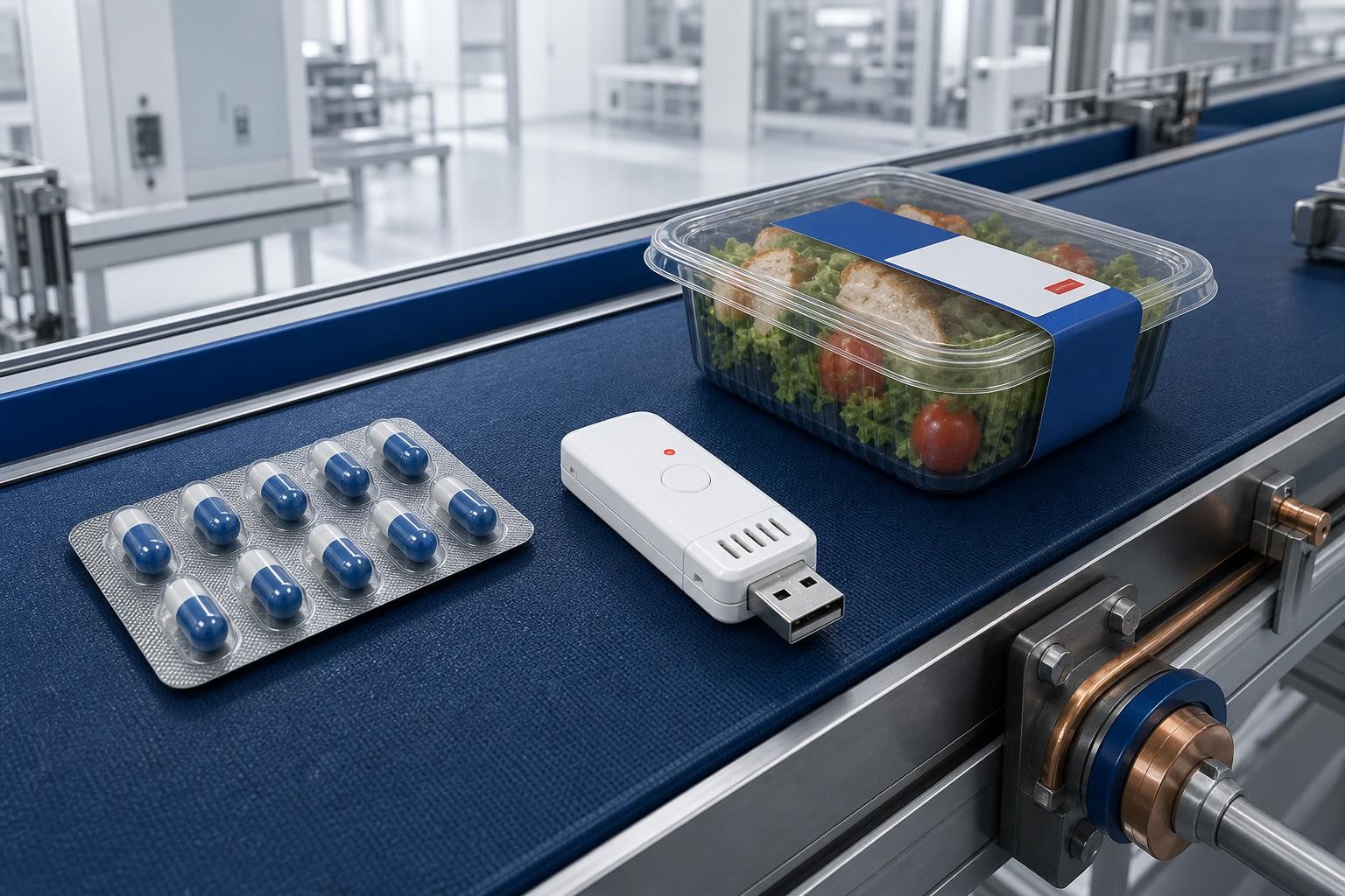 Isometric close-up illustration of a small white USB temperature data logger placed next to a pharmaceutical blister pack and a fresh food container on a logistics conveyor belt, clean industrial background, soft cool lighting from above