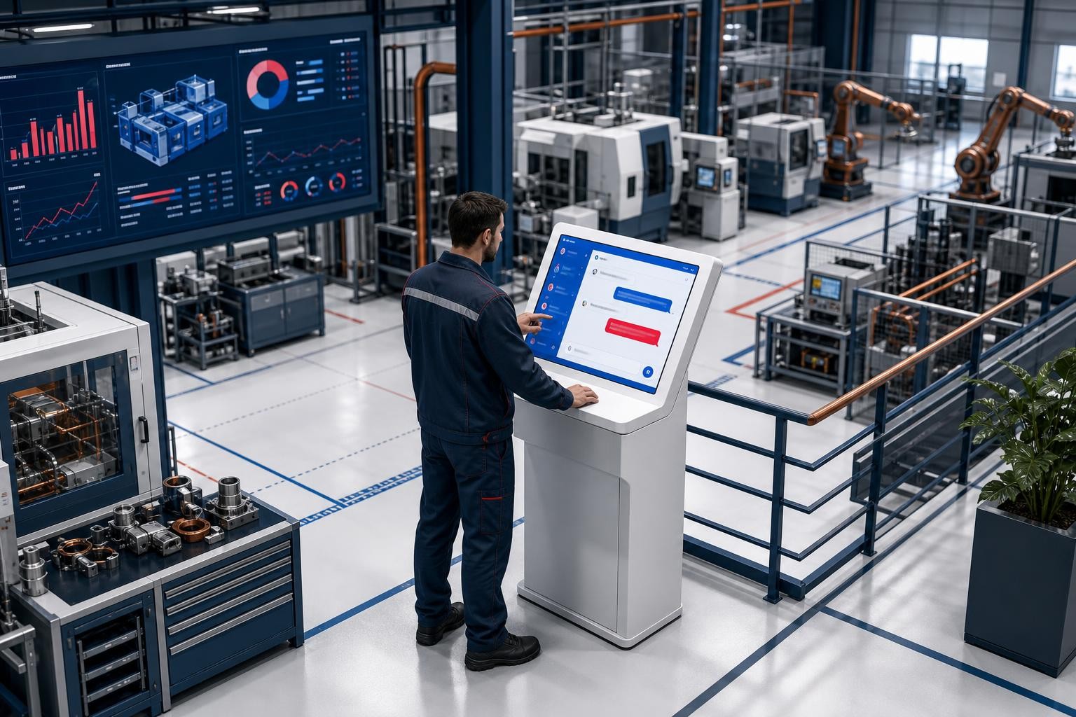 Isometric illustration of a modern factory shopfloor: a maintenance technician at a terminal screen asking a question in a chat interface, with machine dashboards and quality data visualizations in the background, clean industrial environment with soft overhead lighting