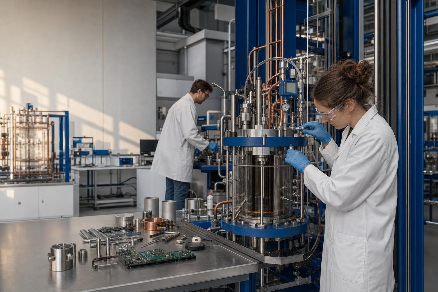 Isometric illustration of a modern research laboratory at a German university, scientists working at electrochemical reactor setups, CO2 conversion equipment in the foreground, clean industrial aesthetic