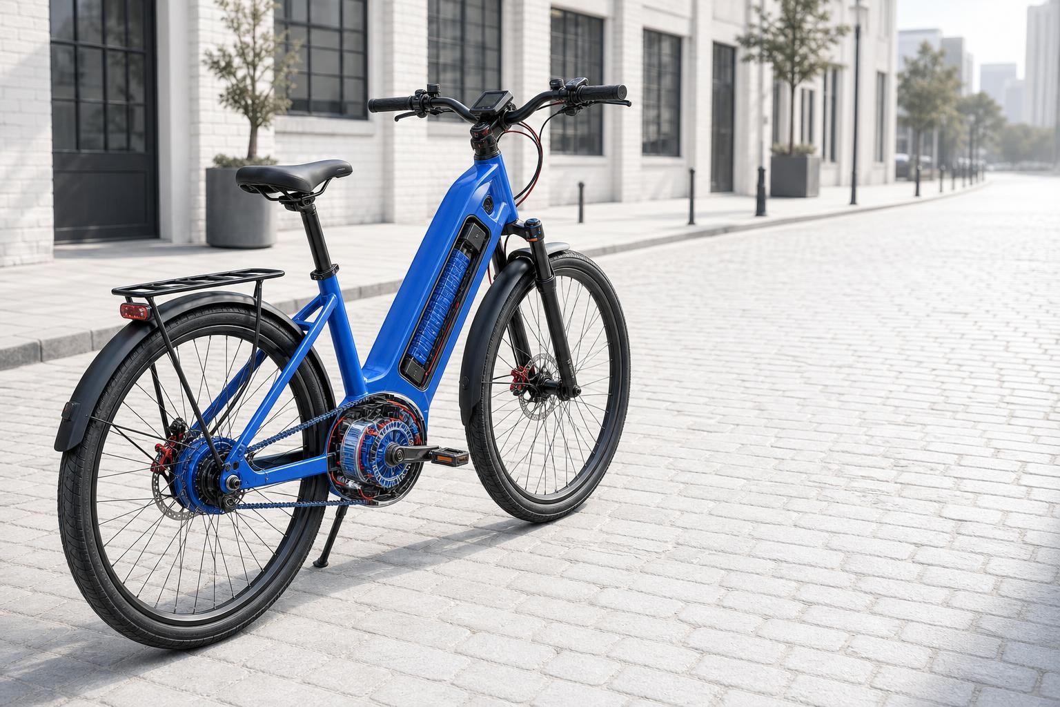 Isometric illustration of a premium city e-bike with integrated battery and mid-drive motor, parked on a clean urban street with light cobblestones, soft morning light, technical cross-section detail visible on the drivetrain area
