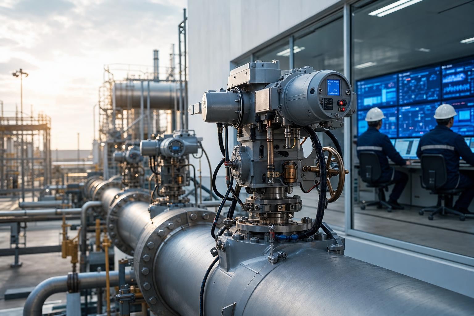 Isometric illustration of a large industrial pipeline facility with electric valve actuators and control systems, engineers monitoring dashboards in a modern control room, clean industrial environment with blue and white tones