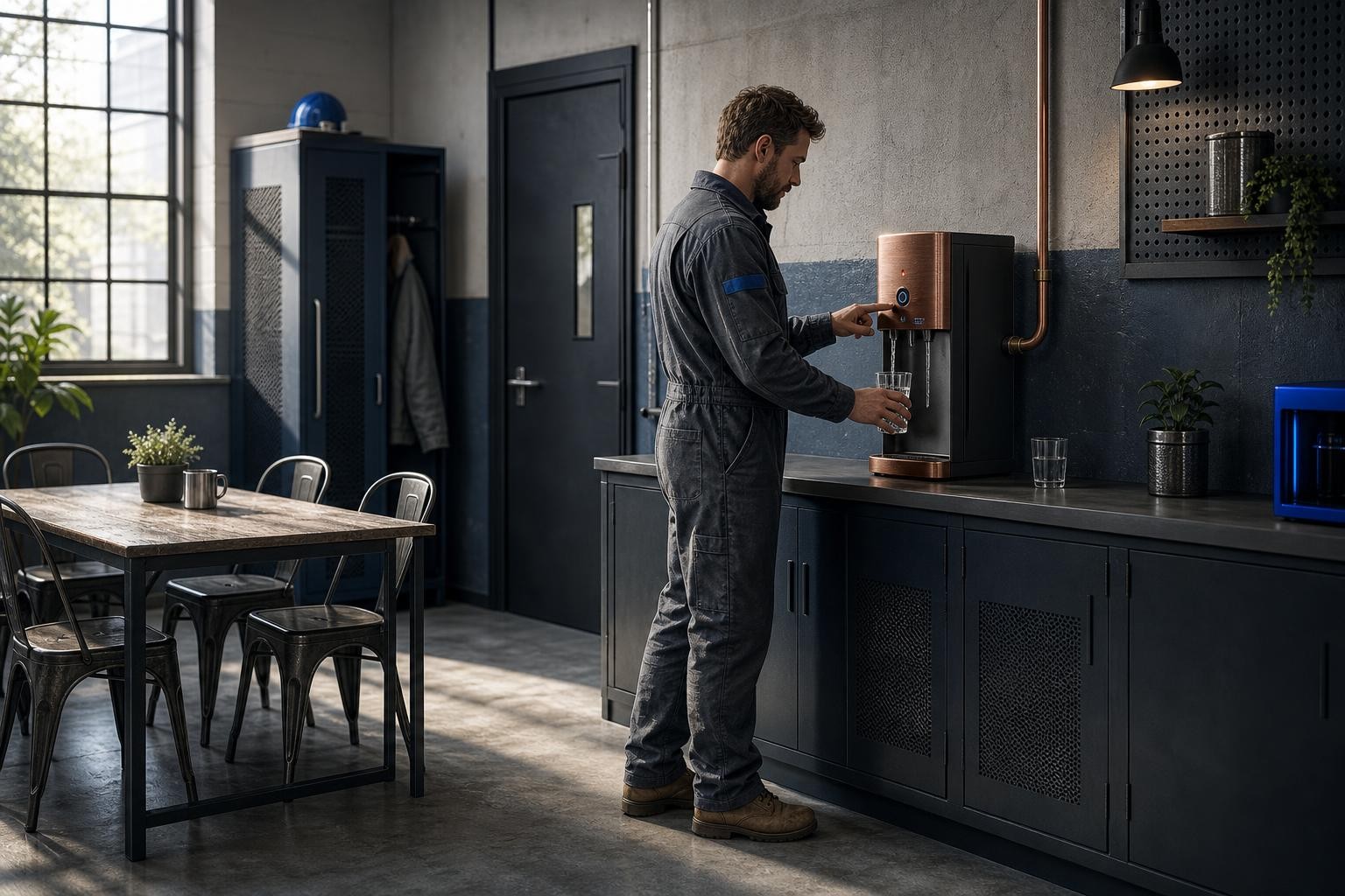 Isometric illustration of a modern office break room with a sleek countertop water dispenser connected to a wall pipe, a person filling a glass, clean minimalist design, soft natural light from a window