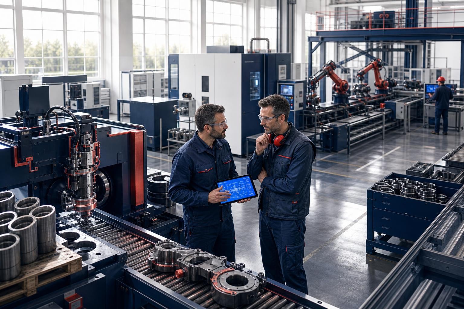 Isometrische Illustration eines modernen Industriewerks mit Fließband und Montagehalle, im Vordergrund zwei Mitarbeiter mittleren Alters im Gespräch mit einem Tablet, ruhige Atmosphäre, Tageslicht durch Hallenfenster