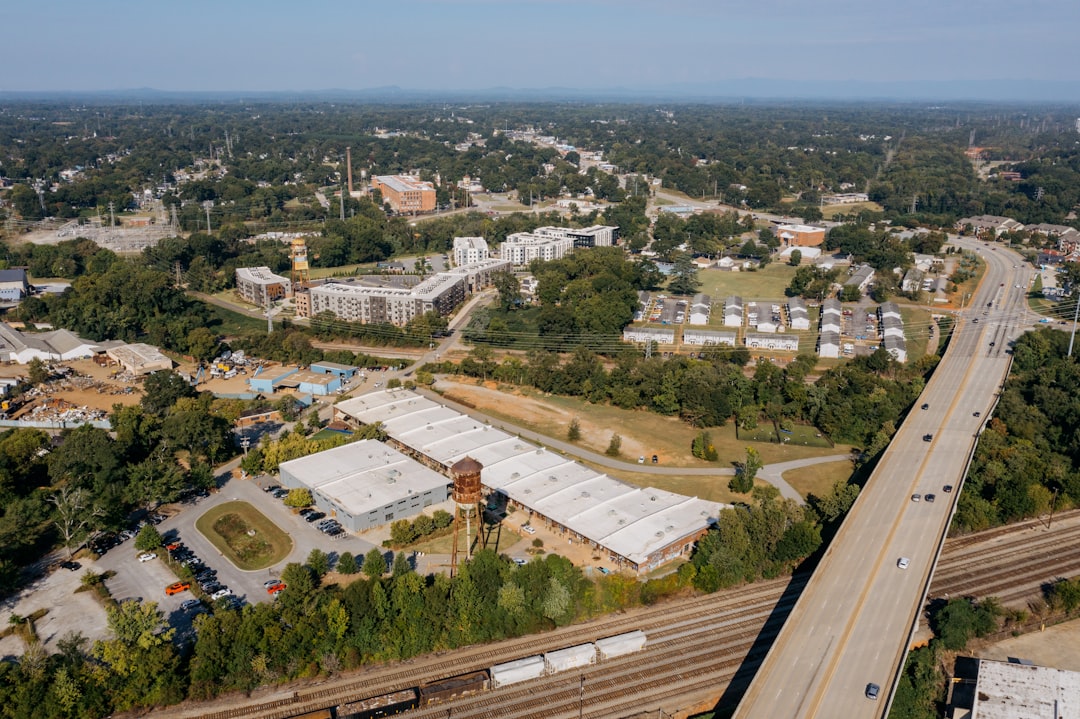 Aerial view of suburban buildings and highway