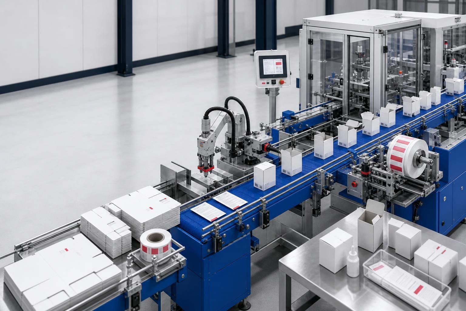 Isometric illustration of a pharmaceutical packaging line: folding cartons, leaflets and labels being assembled at a modern production station, clean industrial environment, soft overhead lighting