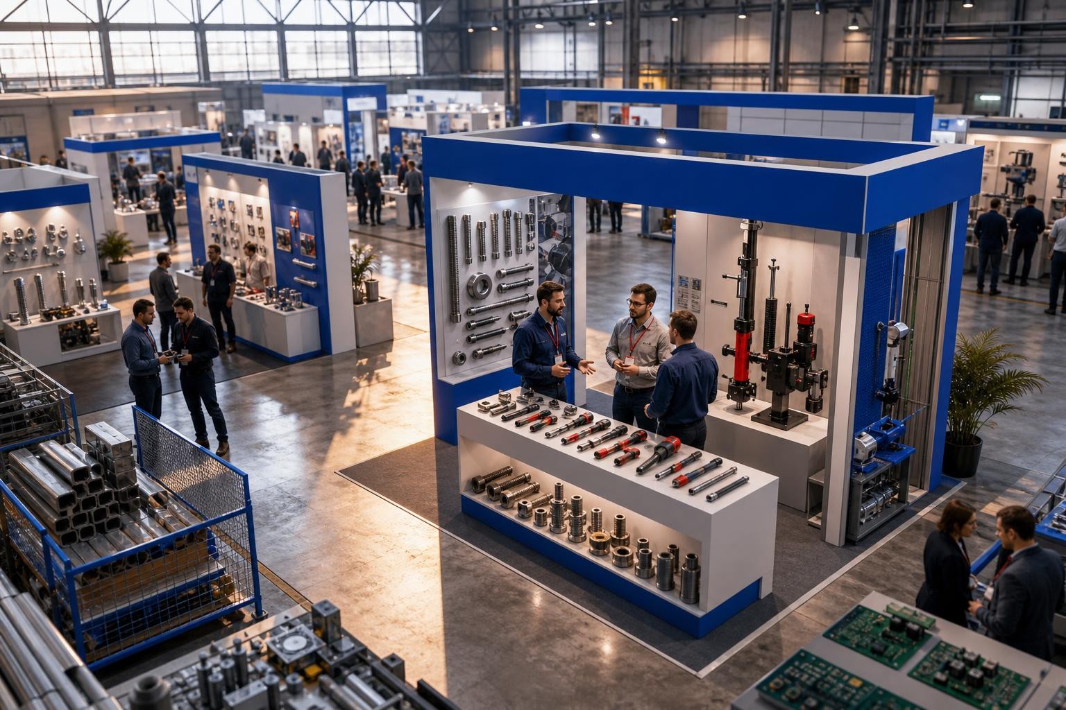 Isometric illustration of a regional trade fair hall with booths showing industrial fastening tools, bolts, and assembly equipment; engineers in conversation at stands, warm exhibition lighting, compact venue atmosphere