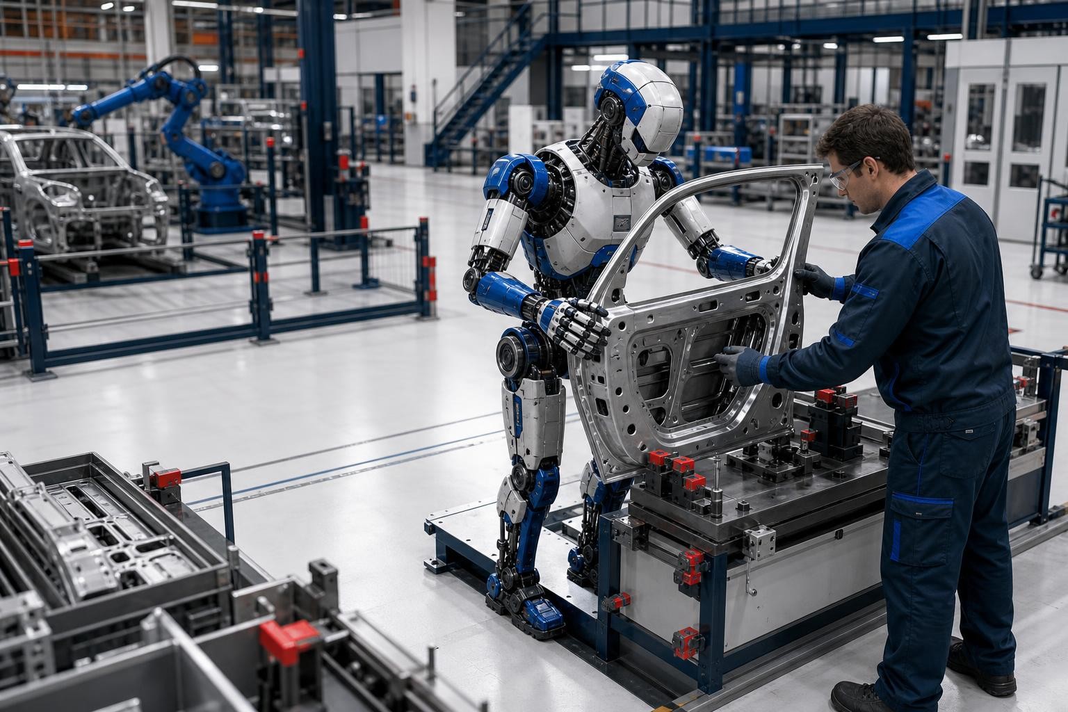 Isometric illustration of a humanoid robot working alongside a human technician on an automotive assembly line, the robot handling a car door panel, industrial lighting, clean factory floor