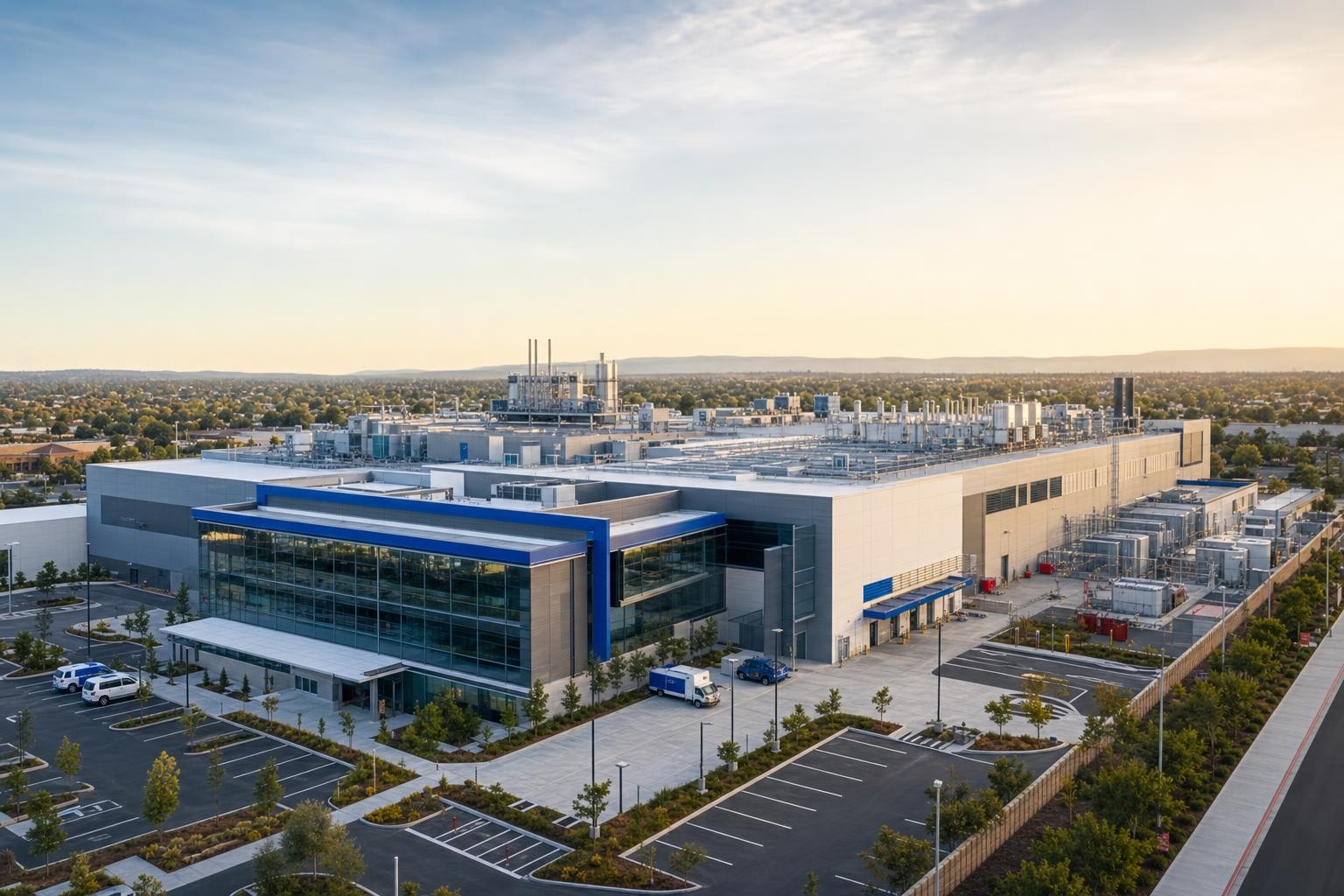 Aerial view of a modern semiconductor manufacturing facility in a California suburban setting, cleanroom building with parking lot, clear blue sky, industrial architecture