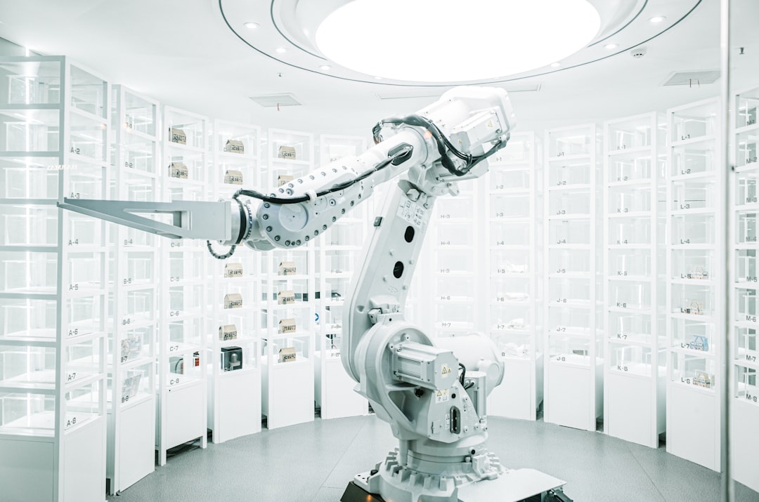 white robotic arm in display showroom