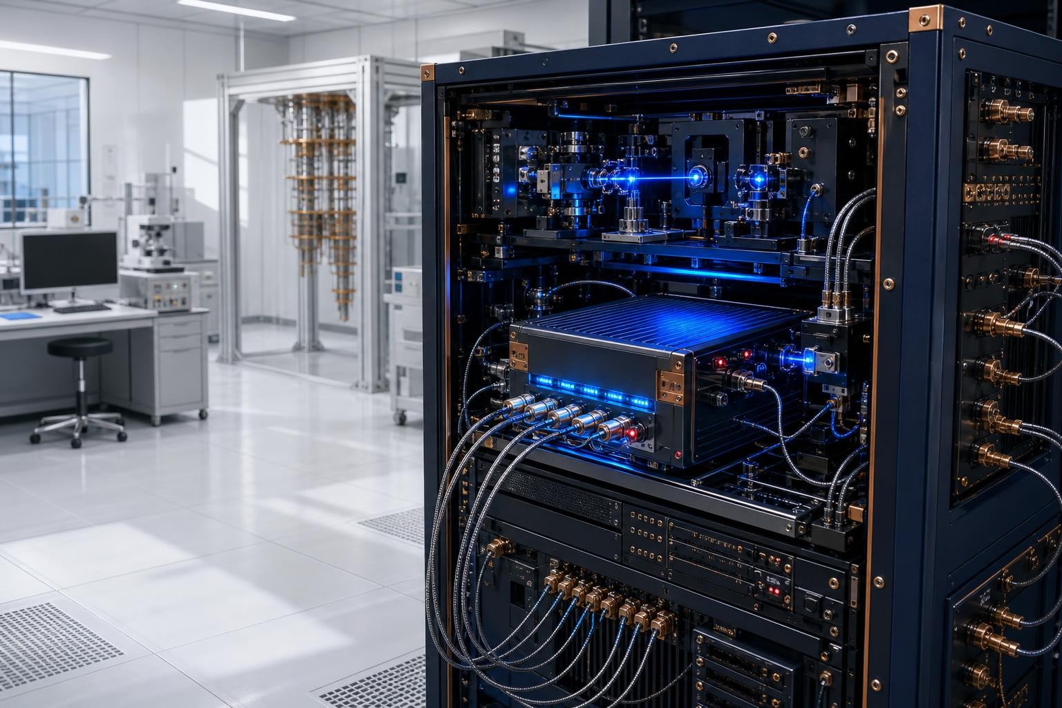 Isometric illustration of a precision laser amplifier module being integrated into an ion trap quantum computer rack, with optical fiber connections and a clean-room laboratory environment in the background, soft blue light from laser components