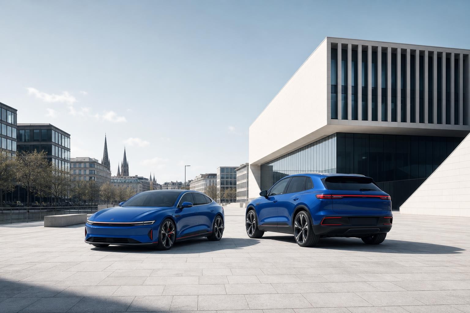 Isometric illustration of two sleek electric SUVs parked side by side in a modern European city plaza, one sedan-shaped and one taller SUV, soft morning light, urban architecture in the background