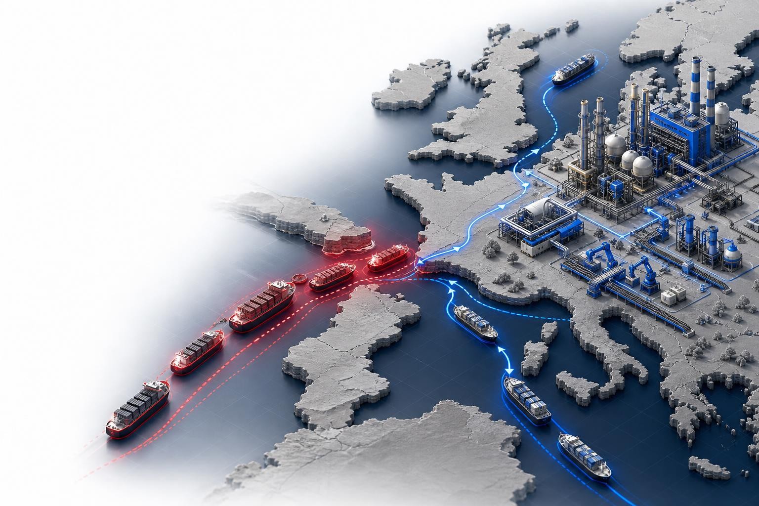 Isometric illustration of a global supply chain map with a bottleneck at a narrow sea strait, cargo ships queuing, connected to European chemical plant facilities and factory production lines, tension visualized through color contrast between blocked and flowing routes