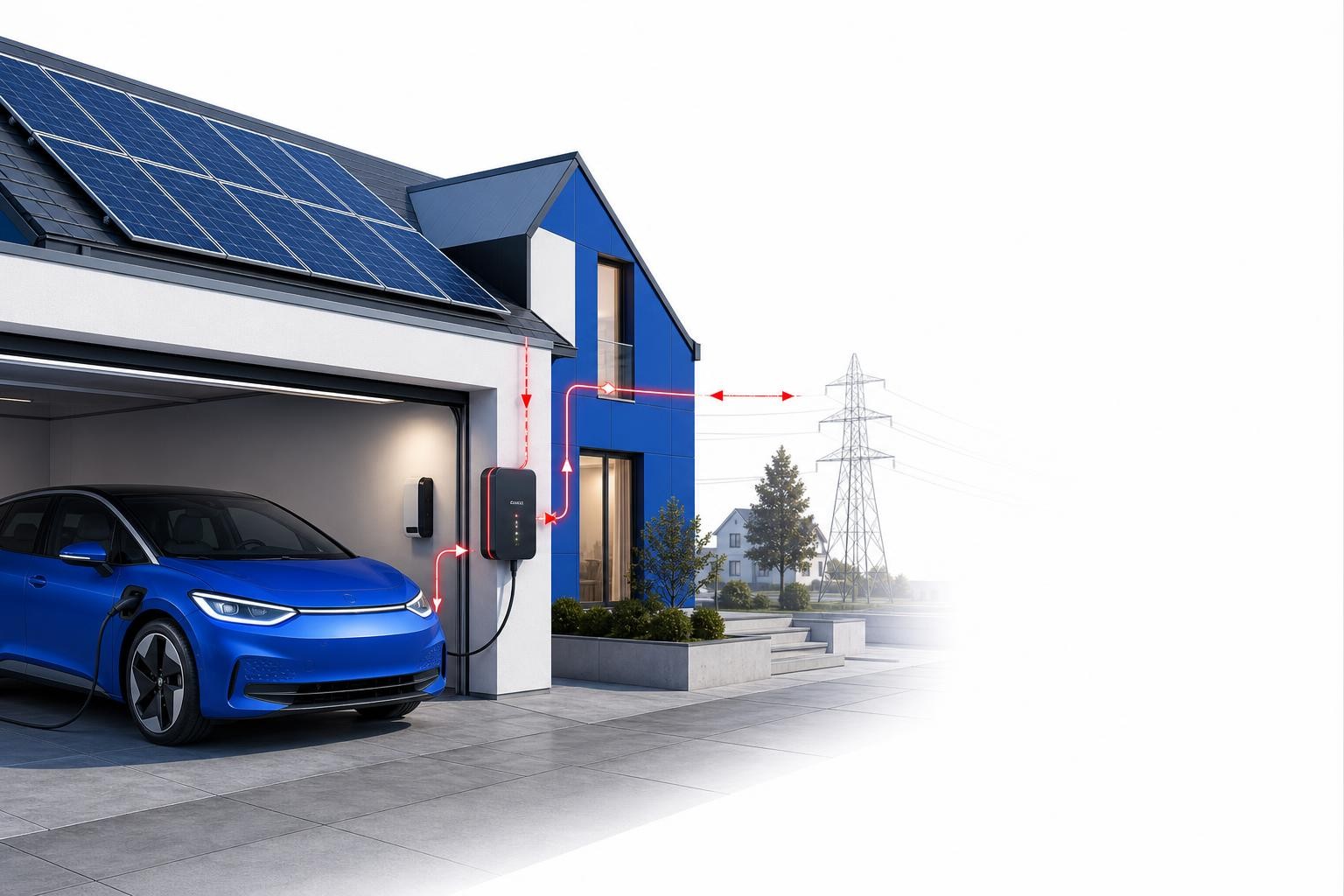 Isometric illustration of a modern suburban home with an electric VW ID model plugged into a bidirectional wallbox in the garage, power flow arrows showing energy going both into the car and back toward a grid pylon in the background, daytime scene with solar panels on the roof