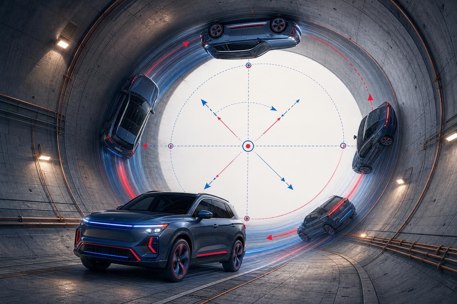 Isometric illustration of a large electric SUV performing a 360-degree loop inside a concrete tunnel, centrifugal force visualized as motion lines, dramatic lighting from tunnel lamps, engineering diagram style overlay showing speed and angle vectors