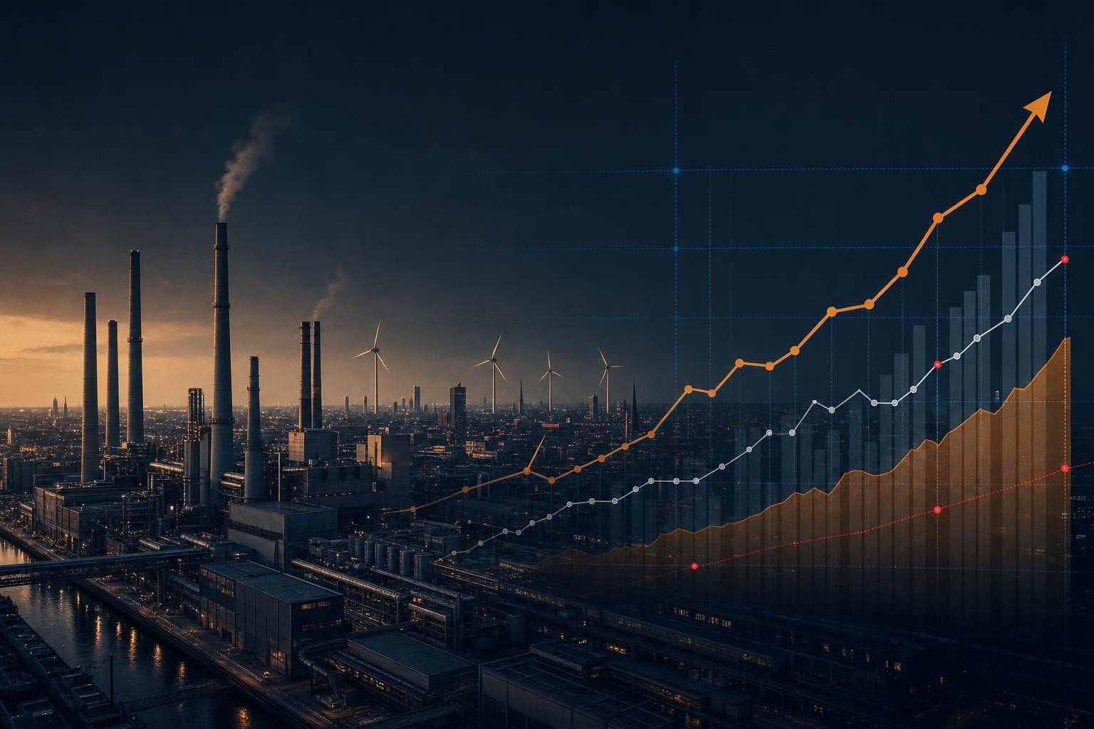 Isometric illustration of a German industrial city skyline at dusk, factory chimneys, wind turbines in the background, a large upward-trending chart overlay in the foreground, muted warm tones