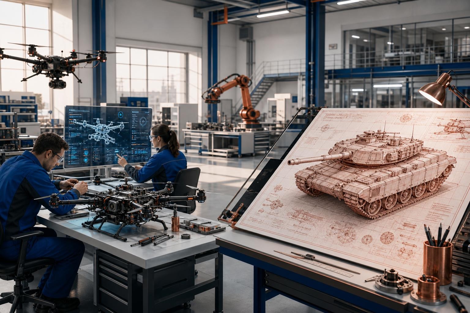 Isometric illustration of a modern defense technology lab: engineers working on drone prototypes and AI screens on the left, contrasted with a classic battle tank blueprint on the right, split composition, neutral industrial setting