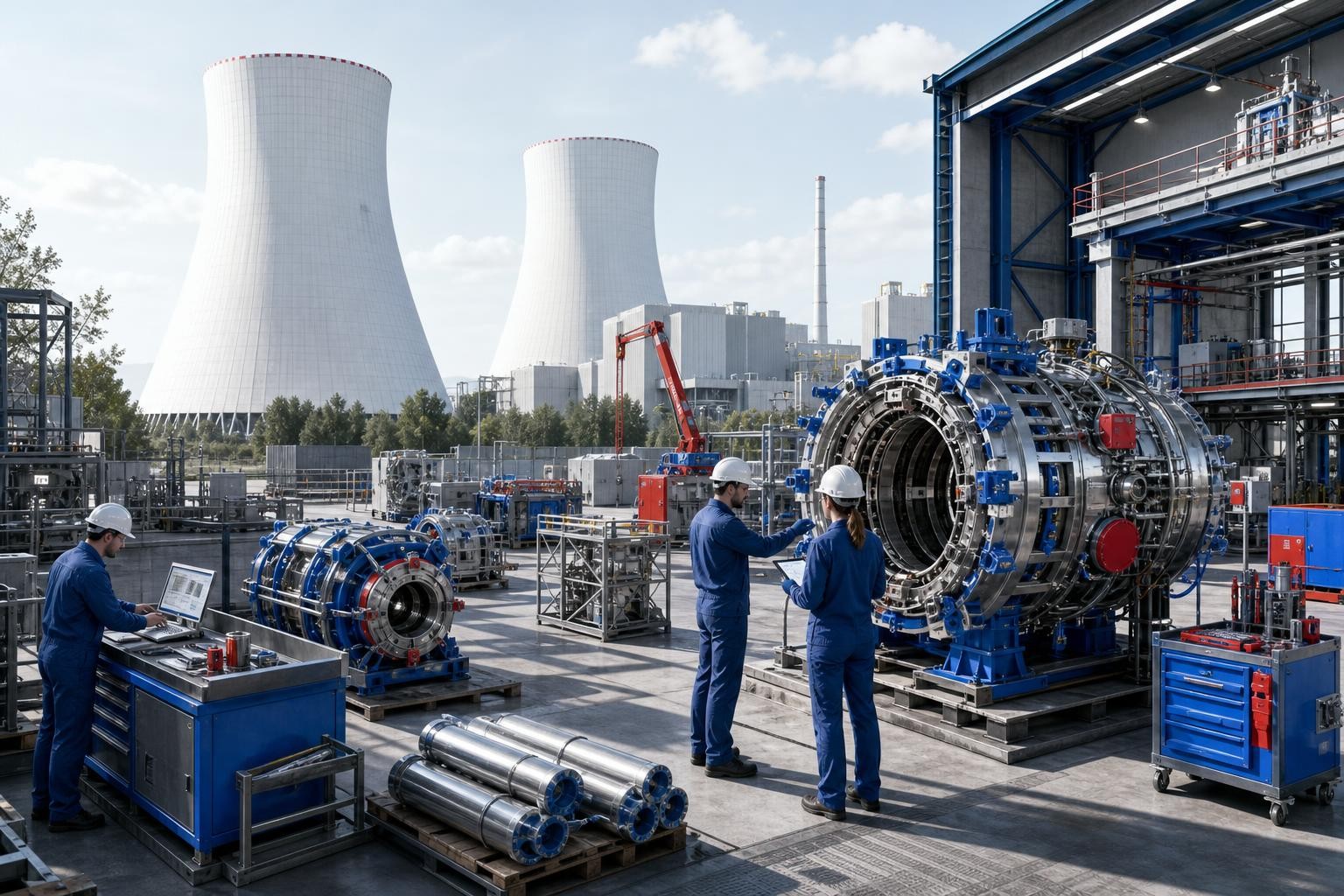 Isometric illustration of a large fusion research facility in a German industrial landscape, with cooling towers of a former nuclear power plant in the background, scientists and engineers working on modular reactor components in the foreground, daytime, clear sky
