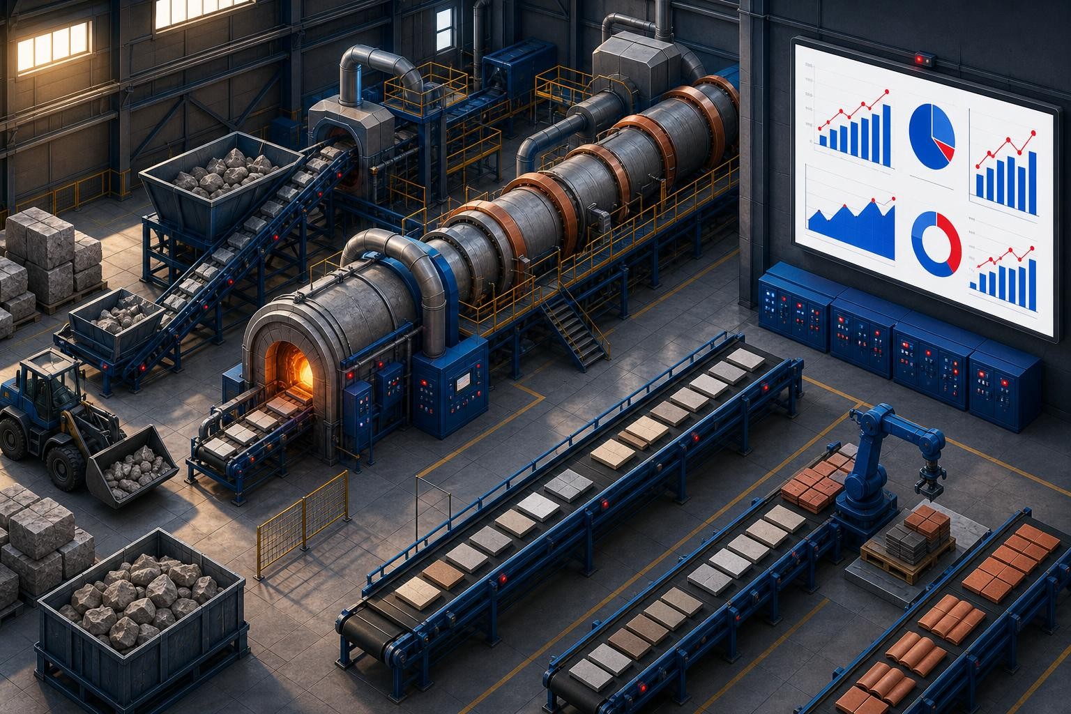Isometric illustration of a building materials production facility - a large industrial plant with kilns and conveyor belts processing stone and ceramic materials, with energy cost charts visible on a wall-mounted display in the foreground, muted industrial atmosphere