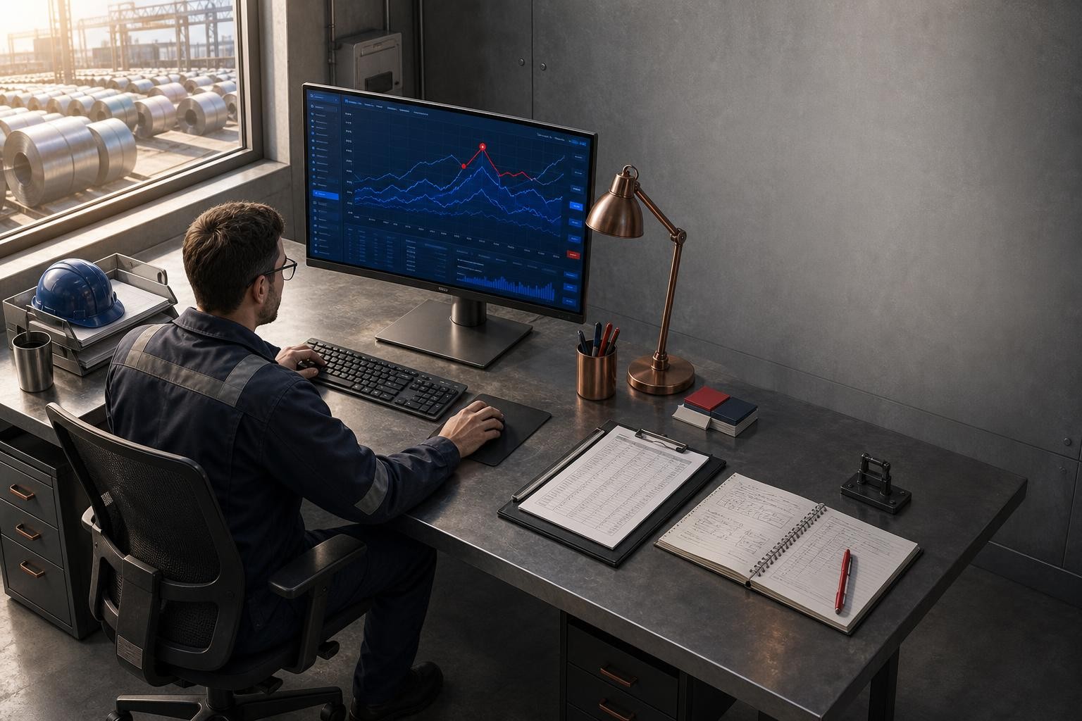 Isometric illustration of an industrial procurement office: a buyer at a workstation studies a multi-line price forecast chart on a large monitor, with steel coils visible through a window in the background, soft natural light from the left