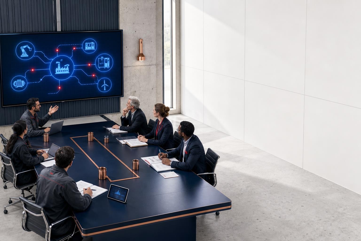 Isometric illustration of a European industrial conference room with engineers and policy experts gathered around a large table, digital product data flows visualized as glowing lines connecting product icons on a central display screen, modern and professional atmosphere