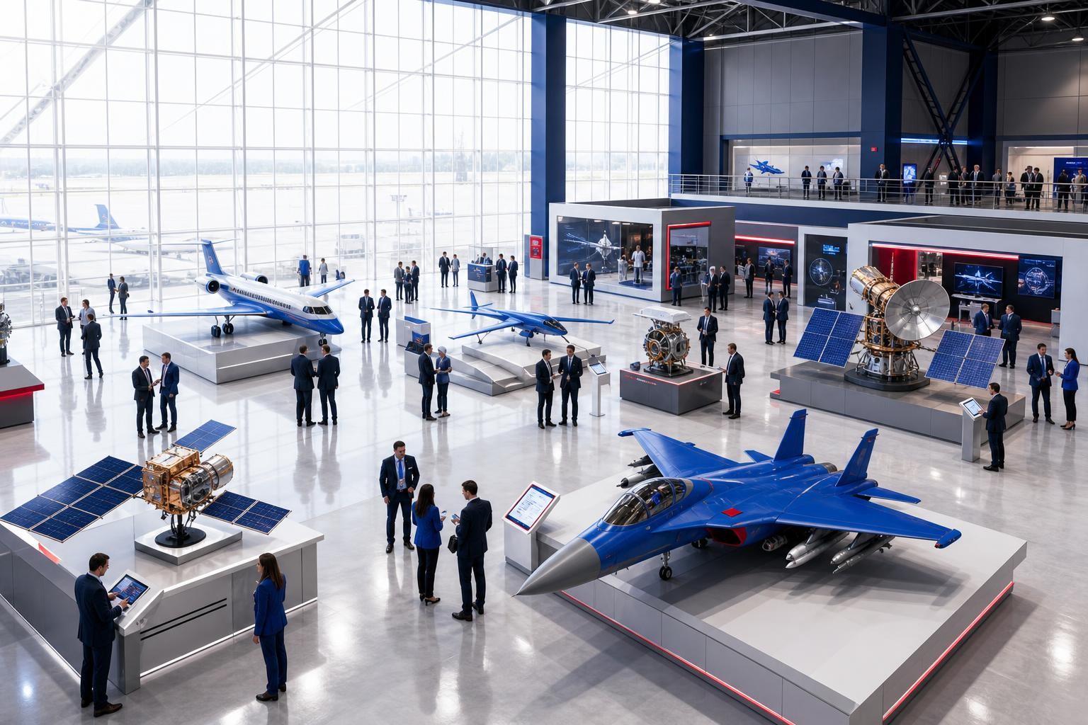 Isometric illustration of a modern aerospace exhibition hall with aircraft models on display, industry visitors in business attire examining scale models of jets and satellites, large glass facade with natural light, trade show atmosphere